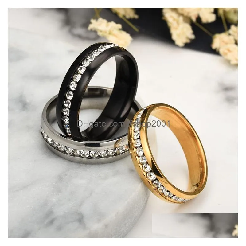 stainless steel diamond ring crystal engagement wedding band rings simple row gold women fashion jewelry will and sandy