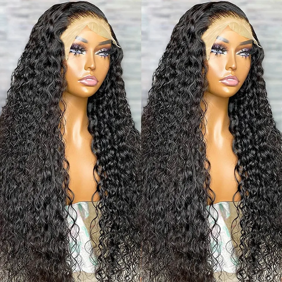 180density Curly Human Hair Wigs Black Color 360 Glueless Full Lace Front Wig 36 Inch 13x4 HD Lace Frontal Wigs for Women Water Wave Transparent Synthetic Preplucked