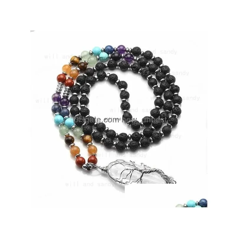 yoga 7 chakra natural stone beaded necklace clear quartz hexagonal prism tree of life crystal pendant necklaces women fashion jewelry