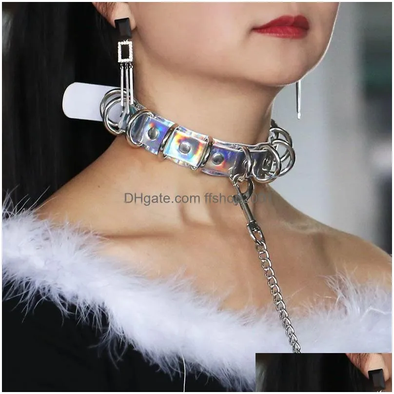 adult sexy d ring bondage laser pu leather choker collar necklace neckband with cosplay dog leash for women fashion jewelry