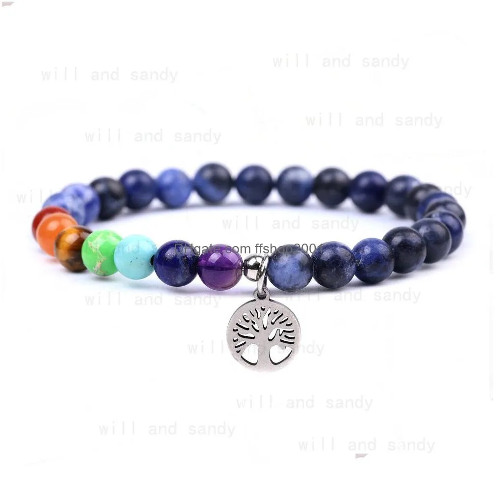 natural stone beaded strand bracelets yoga 7 chakra amethyst tiger eye turquoise tree of life charm bracelet for women fashion jewelry