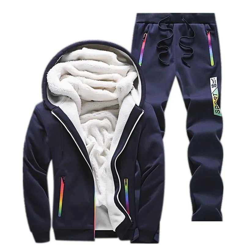 tracksuits men sweatshirt sporting sets winter warm thick casual fleece suit jacket pants 2pcs mens track suit sportswear coat