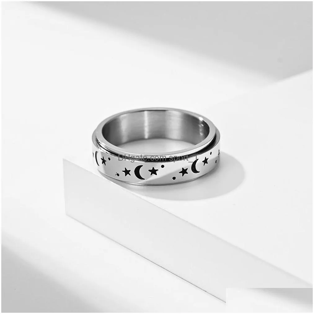 rotable stainless steal engraved star and moon ring spinner band finger for women men love rose gold relieving anxiety fashion jewelry will and