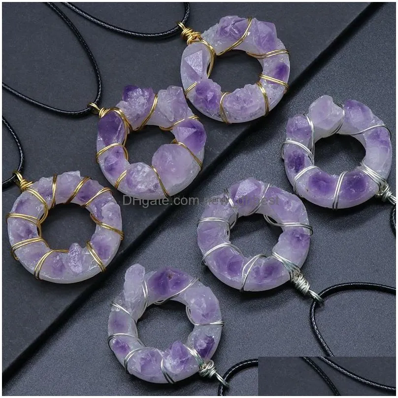 wire wrapped natural stone amethyst pendant necklace 35mm donut pendant irregular healing crystal collar necklaces for women fashion jewelry will and