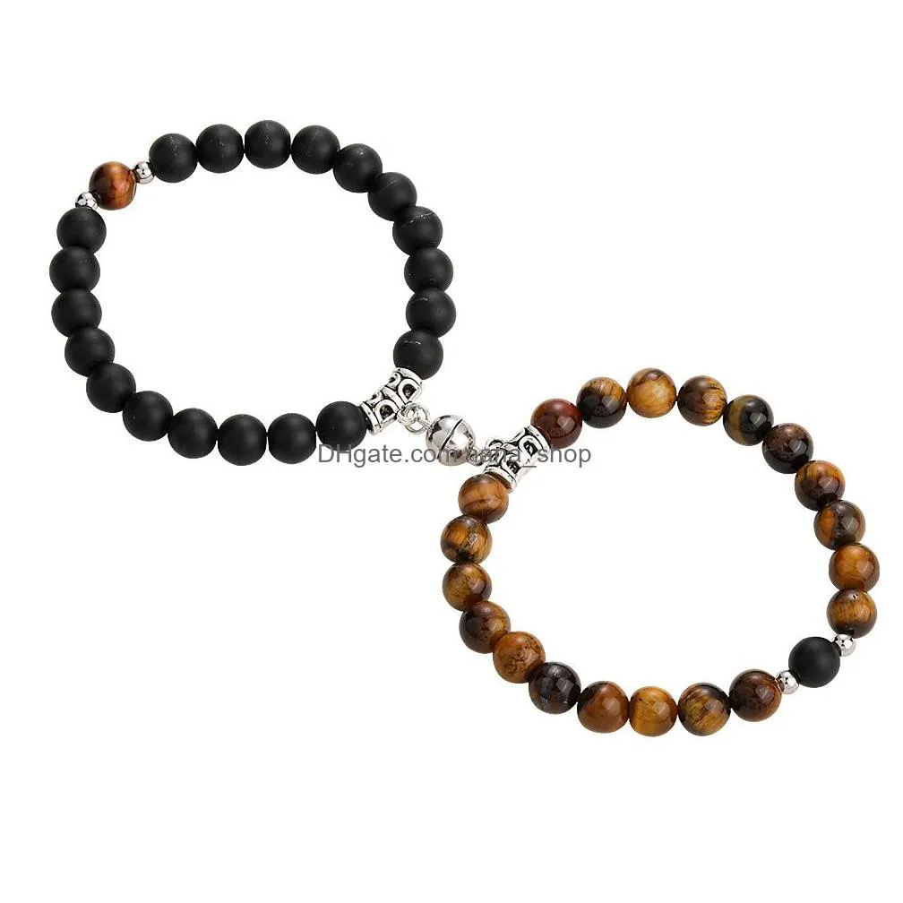 2pcs creative magnet attract couple charm strand bracelets good friend lover 8mm natural stone beads crown stretch bracelet for women