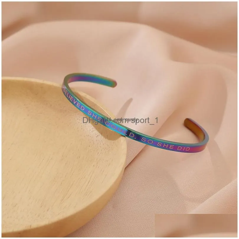 letter she believed she could bangle cuff stainless steel cshaped open bracelets wristband women fashion jewelry will and sandy