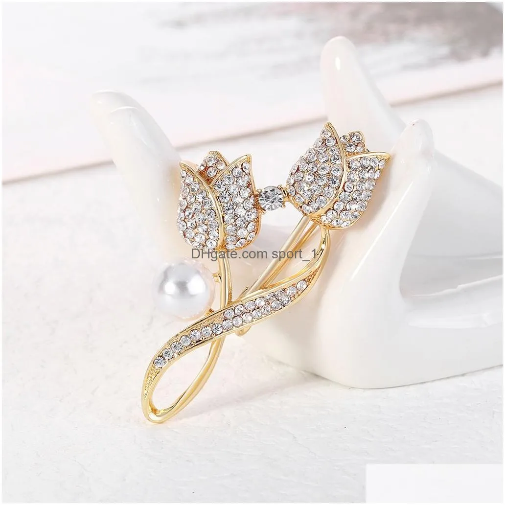 crystal gold tulip brooch pin business suit tops corsage pearl rhinestone flower brooches for women men fashion jewelry