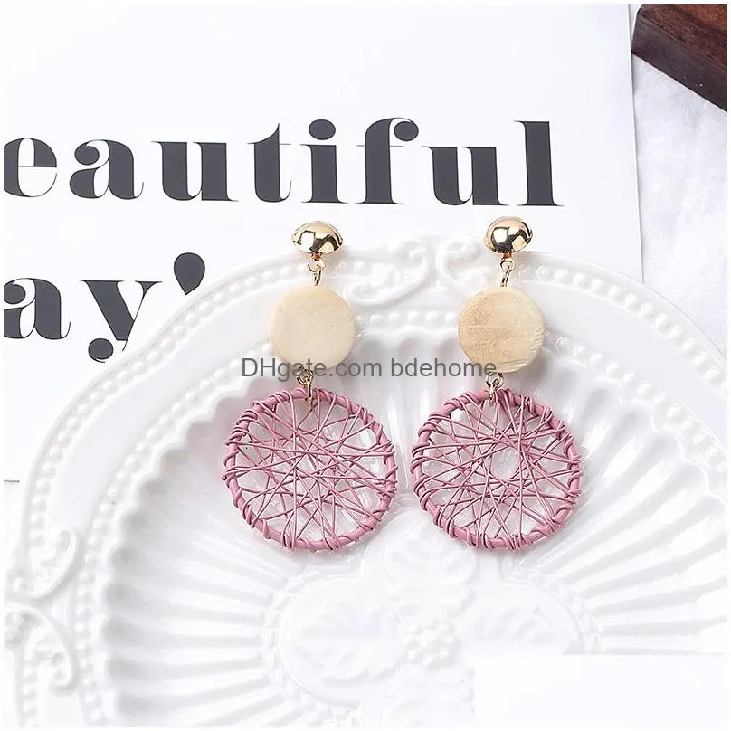 japanese and korean new temperament dangle earring long wooden tassel creative hollow geometric winding dream catcher earrings