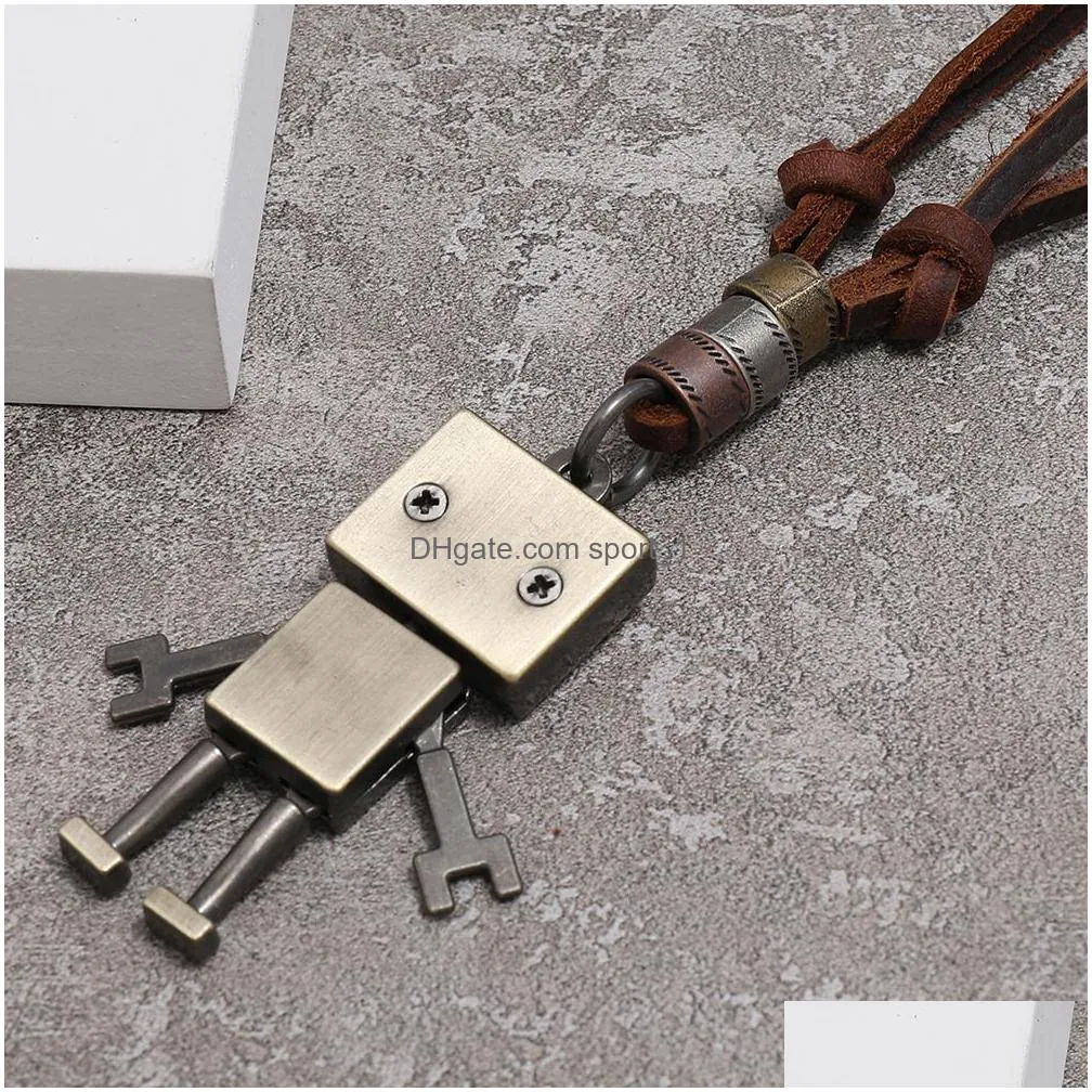 retro metal movable robot pendant necklace adjustable leather chain necklaces for women men fashion jewelry