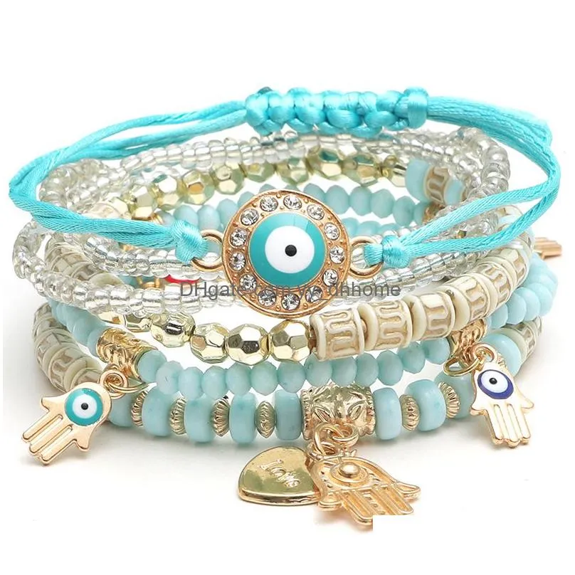 lucky hand of fatima evil blue eye charms multicolor bracelets bangles turkish multilayer beads boho statement women bracelet