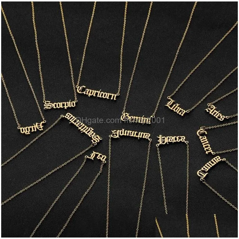 personalized letter 12 zodiac necklace constellation custom stainless steel old english necklaces birthday jewelry gifts wholesale