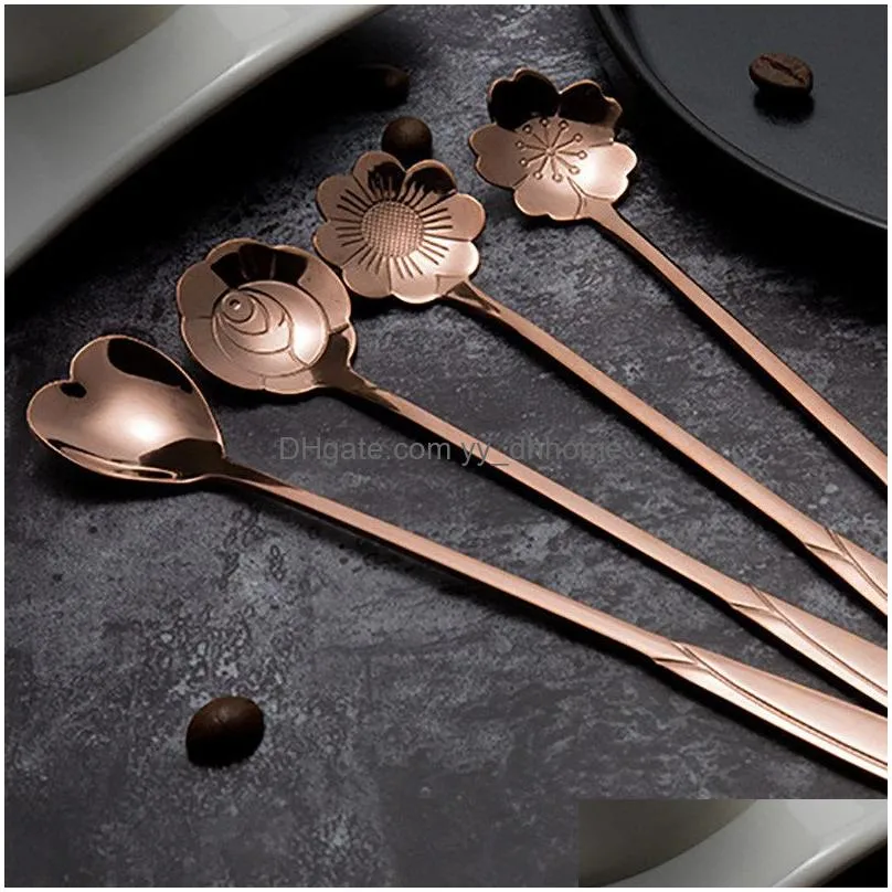 stainless steel flower heart spoons long handle cocktail stirring spoon ice cream coffee home bar flatware tools drop ship