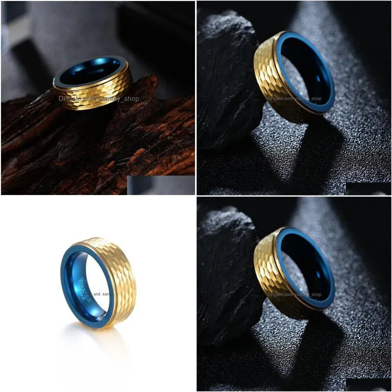 8mm blue gold twotone tungsten steel ring band finger men rough hip hop punk carbide rings fashion jewelry gift will and sandy