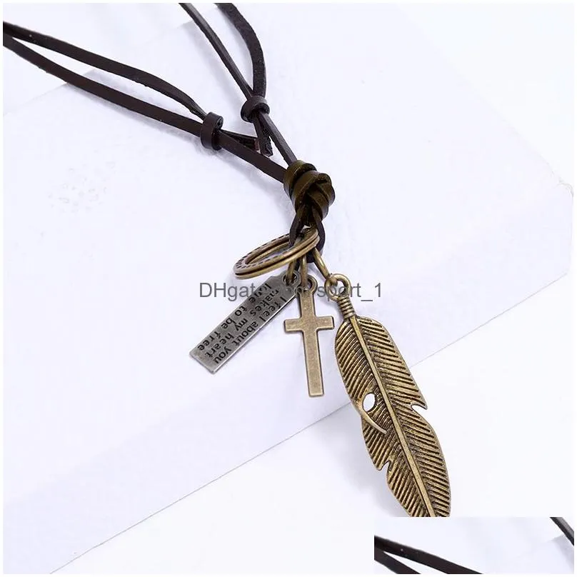 punk bird feather pendant necklace ancient letter id cross charm adjustable leather chain necklaces for women men fashion jewelry gift