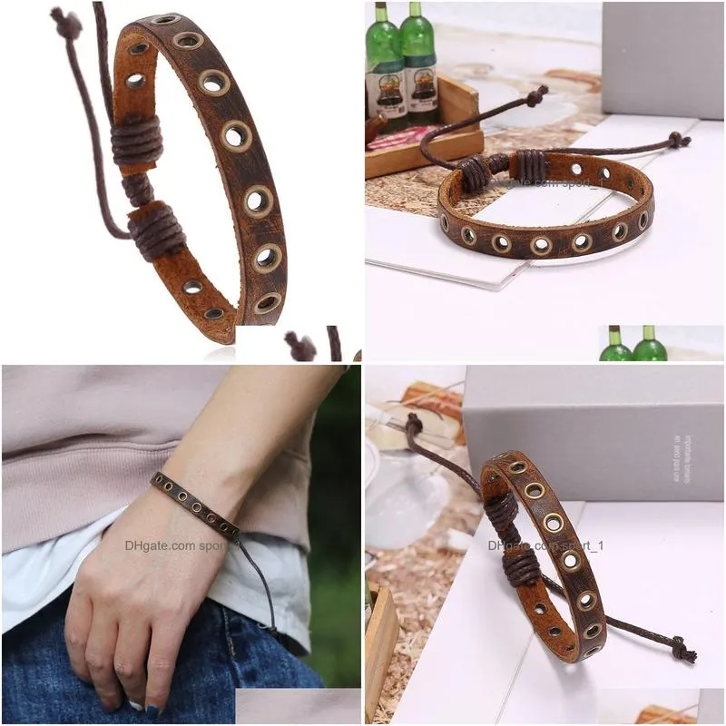 retro leather bangle cuff punk hole string adjustable bracelet wristband men fashion jewelry