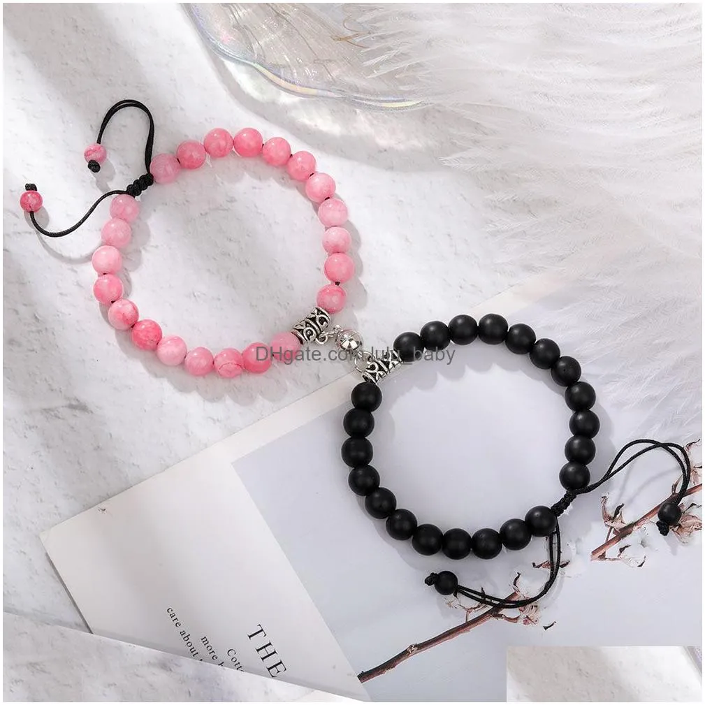 2pcs creative magnet attract couple charm strand bracelets good friend lover 8mm natural stone beads handmade braided rope woven bracelet for