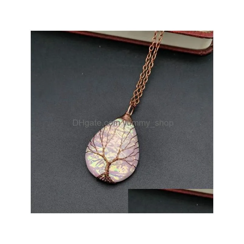 tree of life teardrop heart necklace copper wire wrapped gemstone healing chakra necklace for women fashion jewelry will and sandy