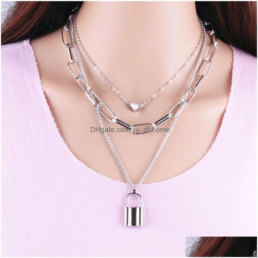 hip hop lock heart pendant necklace chokers silver gold chains multilayer wrap collar necklaces for women fashion jewelry will and sandy