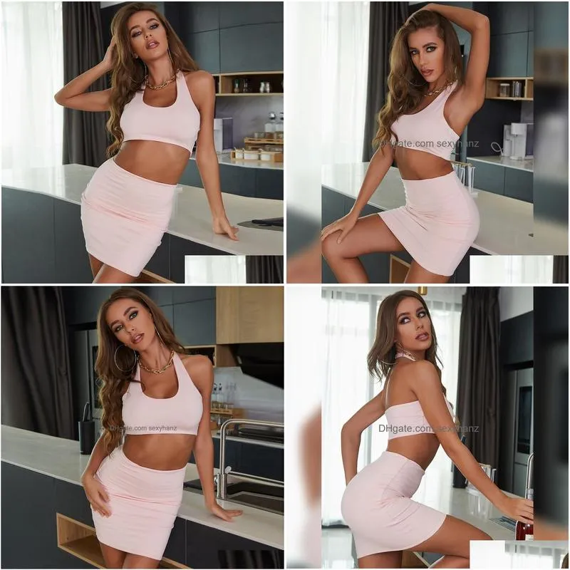 halter crop top two piece dress mini high waist hip skirts women summer sleeveless party dress fashion clothing