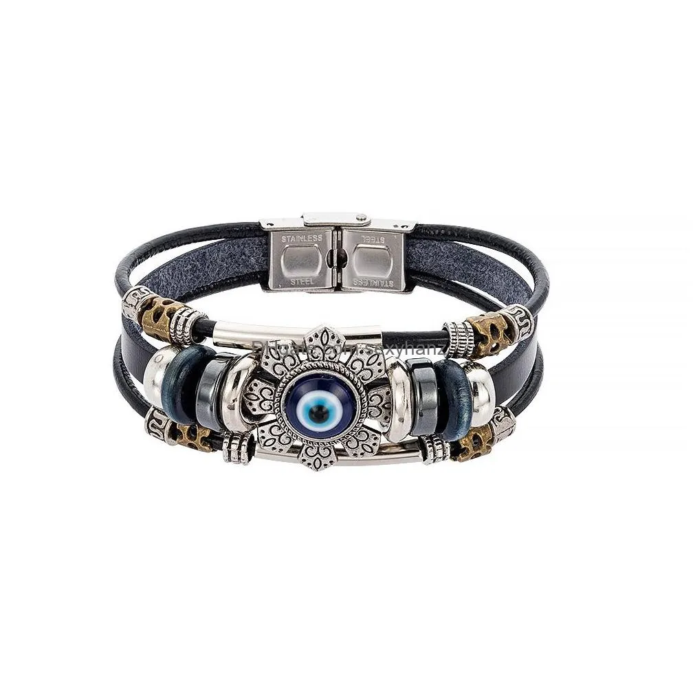 punk turkish evil eye stainless steel bend multilayer leather bracelet man woman charm flower jewelry bangle bijouterie