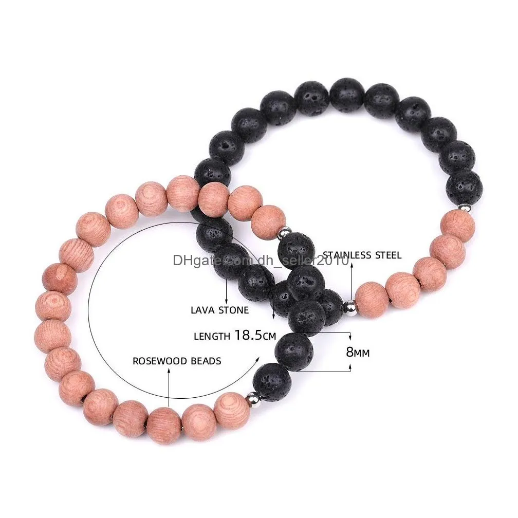 natural stone lave wood bead bracelet strands stainless steel bead elastic bracelets wristband for men women fashion jewlery