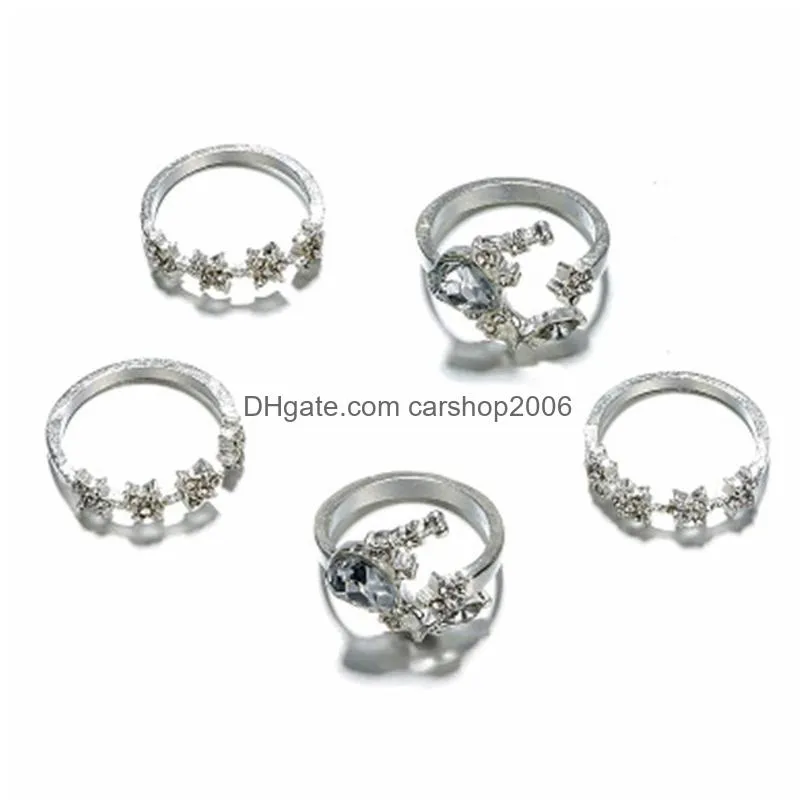 5pcs set bohemian vintage white gem moon stars geometric crystal ring women charm joint rings party wedding jewelry gift