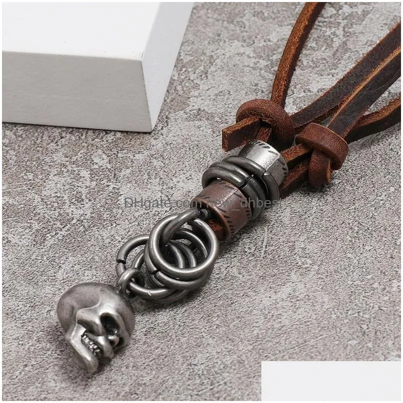 punk stereoscopic human head skull pendant necklace adjustable leather chain necklaces for women men halloween fashion jewelry gift
