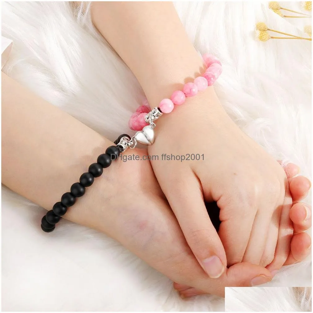 2pcs set creative magnet attract couple charm strand bracelets good friend lover 8mm natural stone beads crown stretch bracelet for