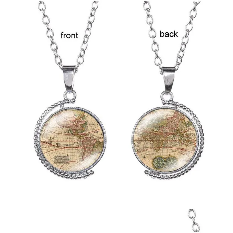 world map earth time gem necklace doublesided glass cabochono rotatable pendant necklaces chain women children fashion jewelry will and