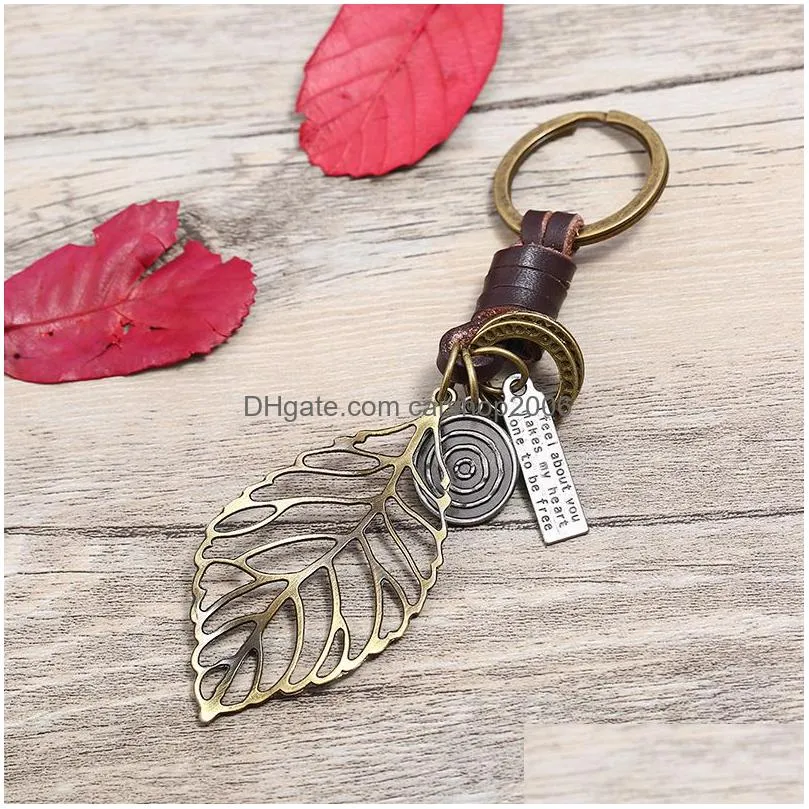 hollow leaf key ring bronze metal tag keychain holder bag hangs fashion jewelry for women men will and sandy