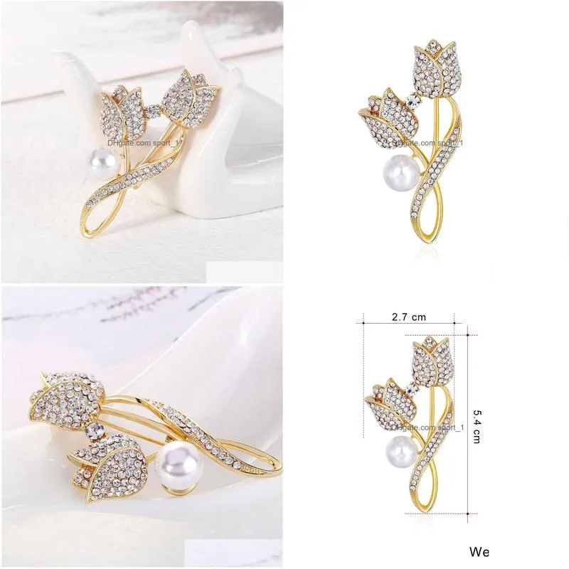 crystal gold tulip brooch pin business suit tops corsage pearl rhinestone flower brooches for women men fashion jewelry