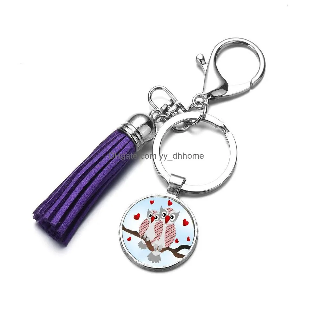 cartoon owl glass cabochon key ring tassel keychain holders bag hang fashion jewelry will and sandy