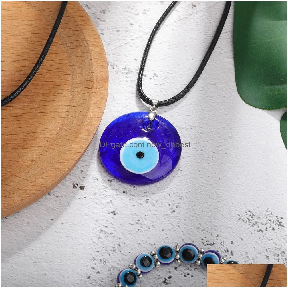 antique deep sea blue evil eye pendant necklace turkish choker glass eyes leather rope chain jewelry gift