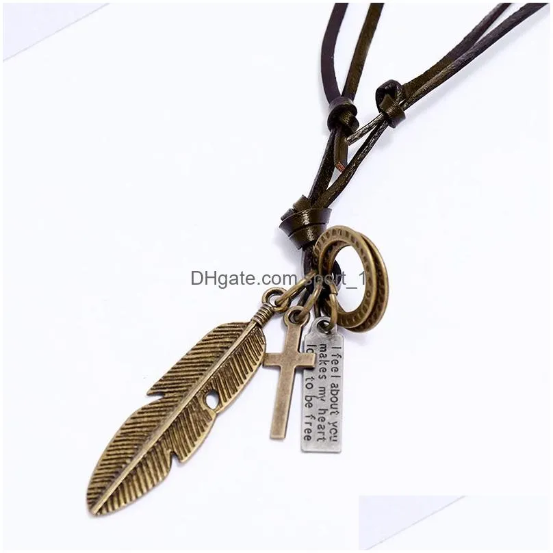 punk bird feather pendant necklace ancient letter id cross charm adjustable leather chain necklaces for women men fashion jewelry gift