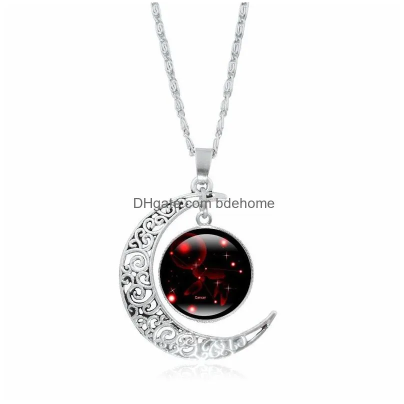 12 constellation time gemstone necklace gifts astrology galaxy silver crescent moon glass bead pendant necklaces for mom present women her