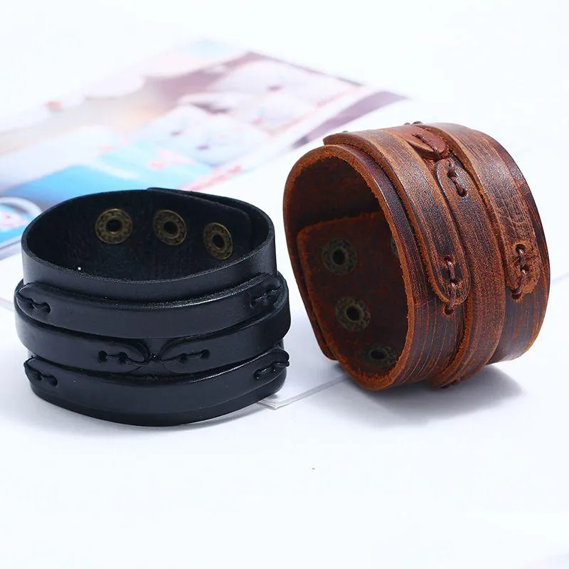 motorcycle wide weave leather bangle cuff multilayer wrap button adjustable bracelet wristand for men women fashion jewelry