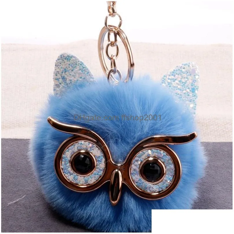 big eye owl fur key ring gold bird keychain holder bag hangs fashion jewelry will and sandy red white black