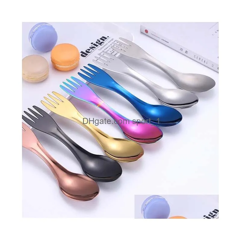 two head stainless steel spoon fork home kitchen dining flatware noodles ice cream dessert spoons outdoor camping tableware cutlery