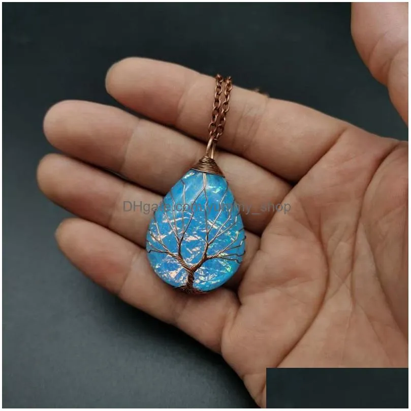 tree of life teardrop heart necklace copper wire wrapped gemstone healing chakra necklace for women fashion jewelry will and sandy