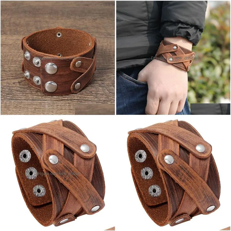 wide leather cross bangle cuff button adjustable bracelet wristand for men women fashion jewelry