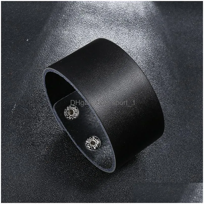 punk simple leather bangle cuff button adjustable bracelet wristand for men women fashion jewelry black