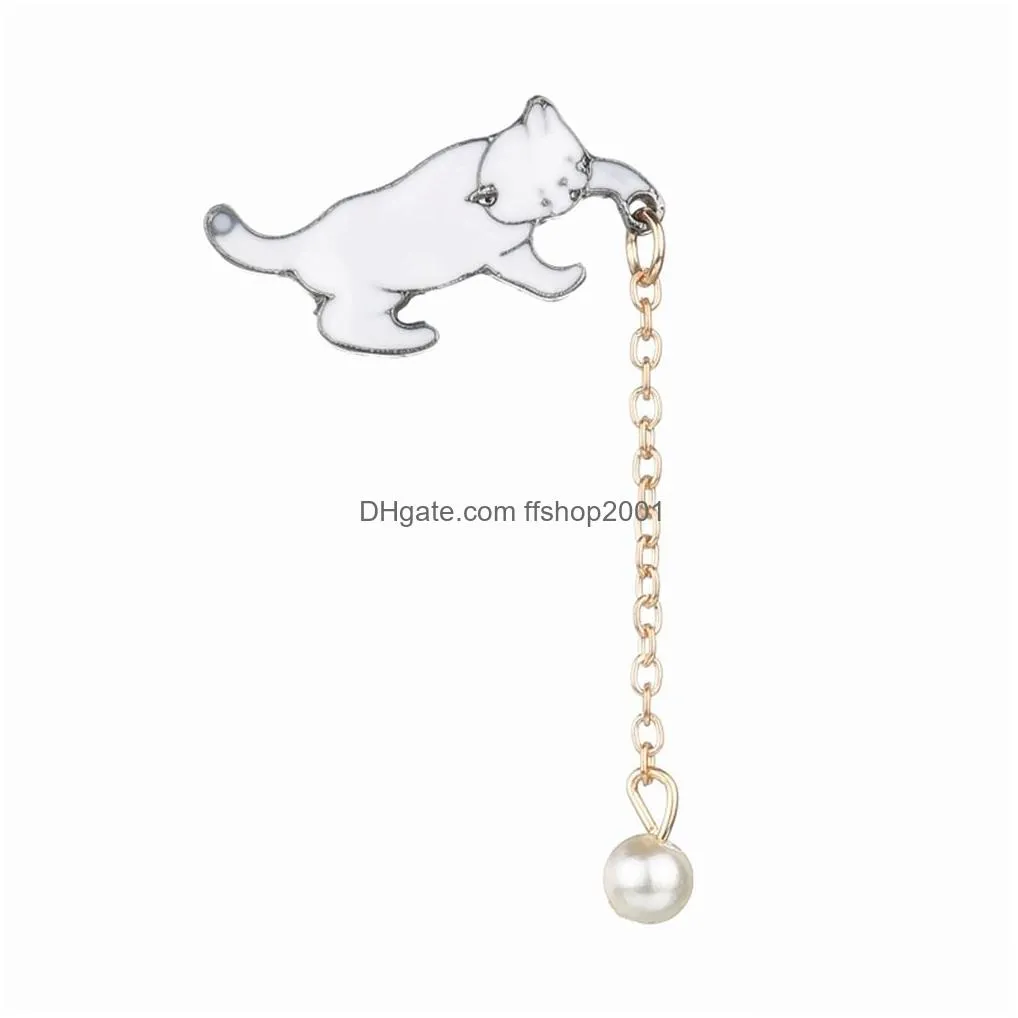 cute simple white cat pearl pendant brooch pin enamel paint long chain brooches for women girl animal design fashion jewelry