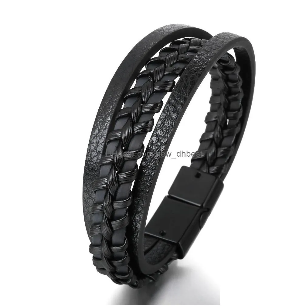 pu leather bracelet bangle cuff black multilayer braided magnetic clasp button bracelets for men fashion jewelry