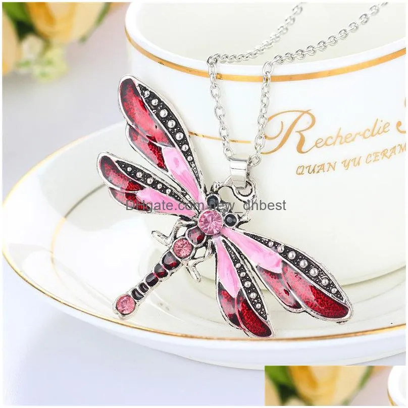 crystal rhinestone dragonfly necklace antique silver enamel pendant chain animal model fashion jewelry for women gift