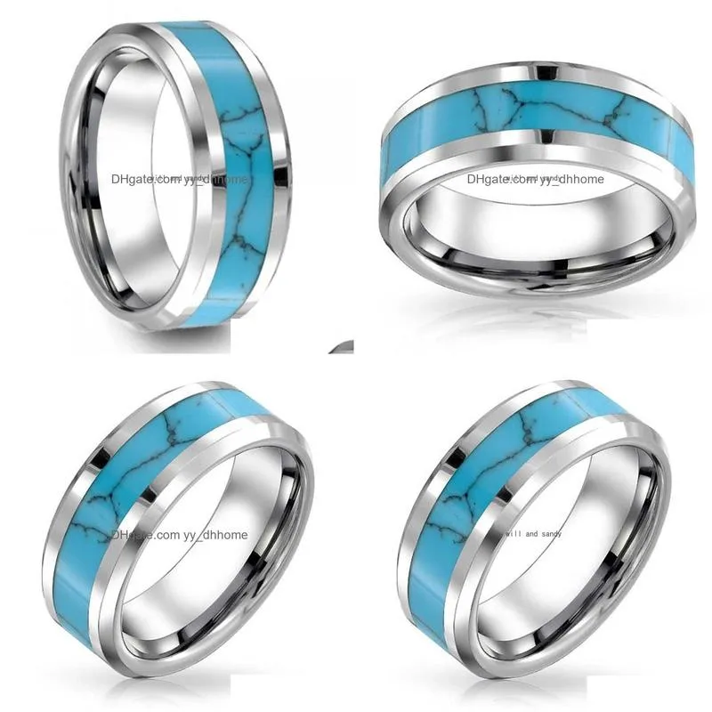 stainless steel natural turquoise ring band finger women mens inlay natural stone rings fashion jewelry will and sandy