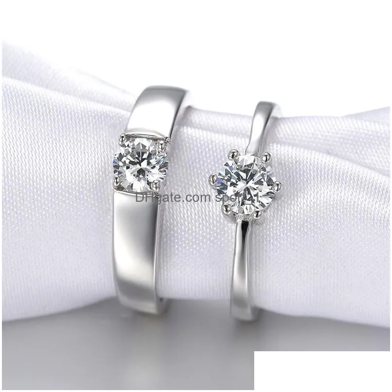 cubic zirconia solitaire ring open adjustable diamond engagement wedding silver couple women mens rings love fashion jewelry will and