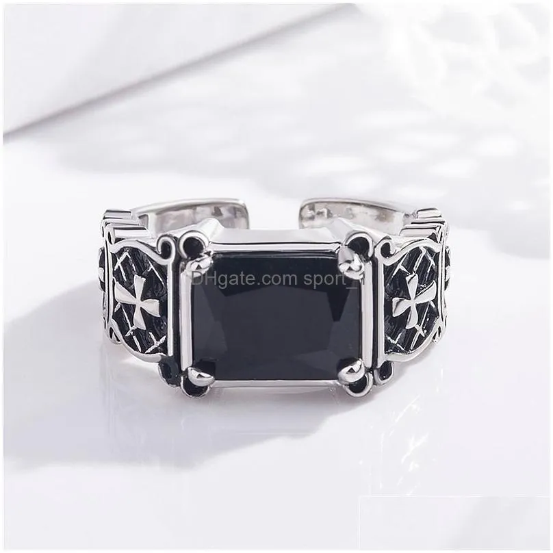 ancient silver jesus cross black agate ring band finger retro open adjustable diamond rings men fashion jewelry will and sandy