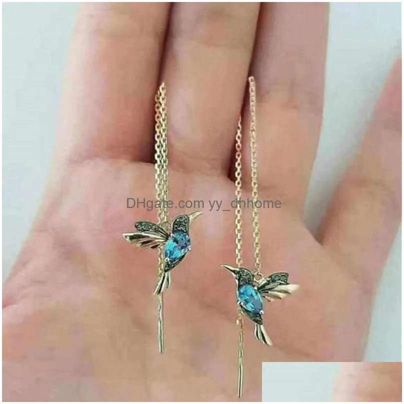 1 pair unique long dangle earrings bird pendant tassel crystal ladies jewelry design 2 colors hummingbird drop earring