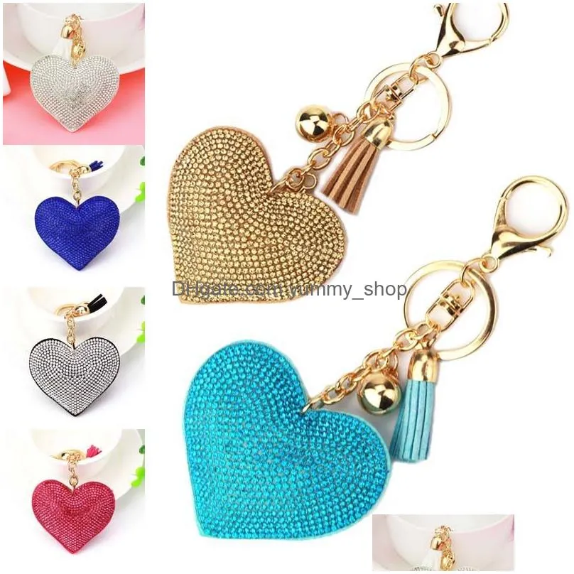 gold crystal heart keychain tassel charm carabiner key rings holder bag hangs fashion jewelry will and sandy drop ship