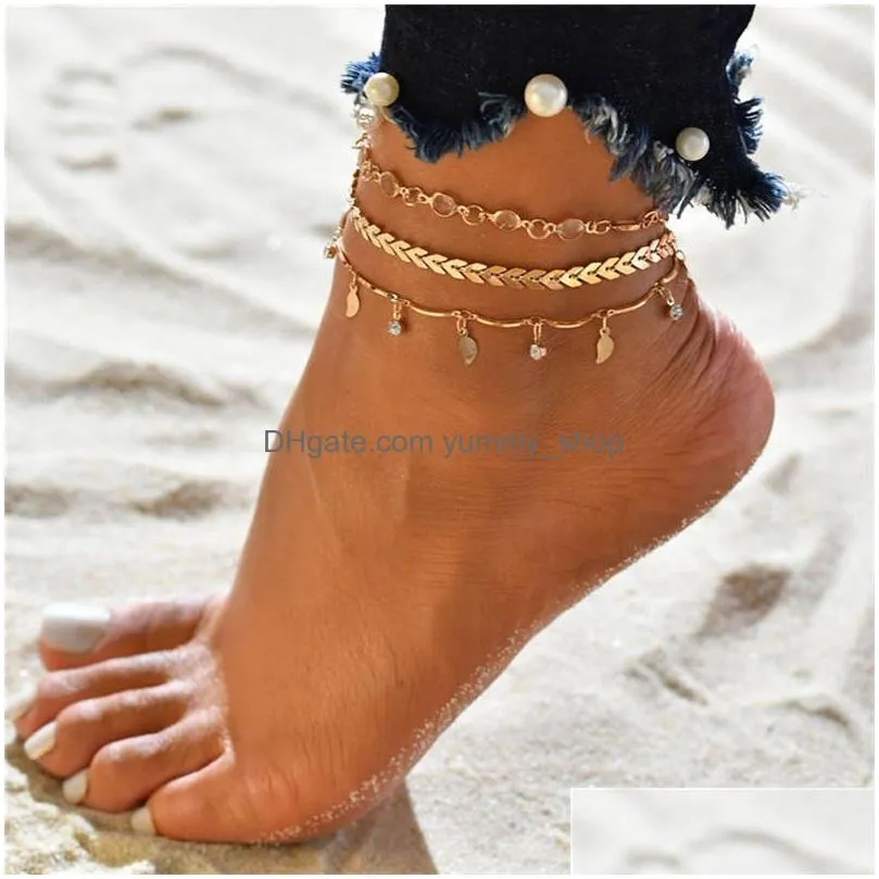 arrow leaf tassel anklet chain gold chains diamond multilayer wrap foot bracelet women fashion jewelry will and sandy